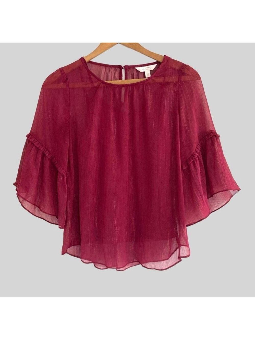 Y2K Sheer PolyChiffon Top XS Burgundy & Metallic Pagoda  Bell Sleeve Whimsigoth